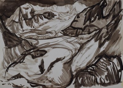 Konrad Sommer: Gebirge mit Gletscher, um 1956,  Tusche, Sepia auf Papier, 21,2 x 29,8 cm